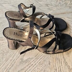 Mudd Block Heel Sandals Womens 8 Black Satin Bow Ankle Strap Vintage 90s Y2k